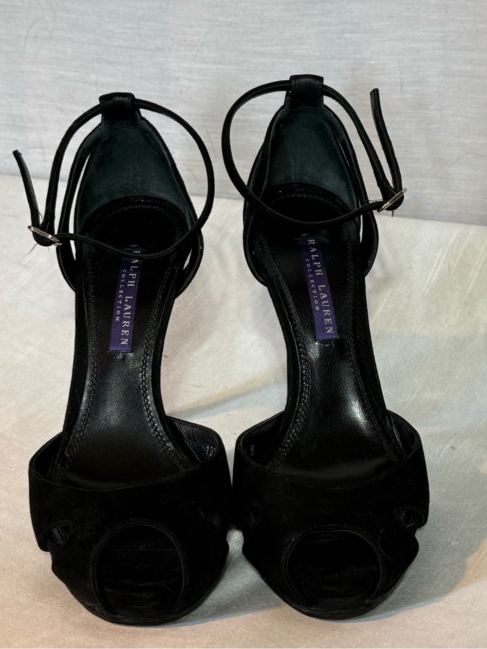 Ralph Lauren Purple Label Black Suede Ankle Strap Heels 37.5